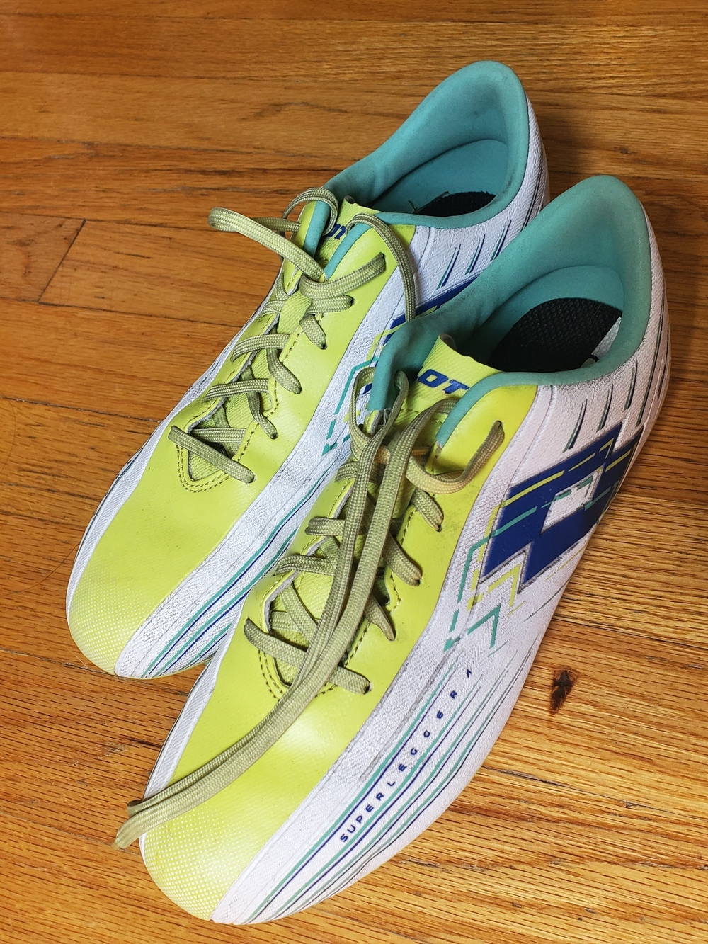 Soccer Cleats in Neon Yellow & White with Blue Accents - Picture 3 of 6